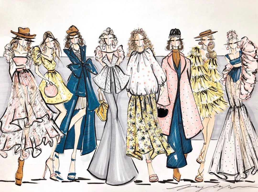 Illustration of eight fashionably dressed women in a row, each with unique outfits.


