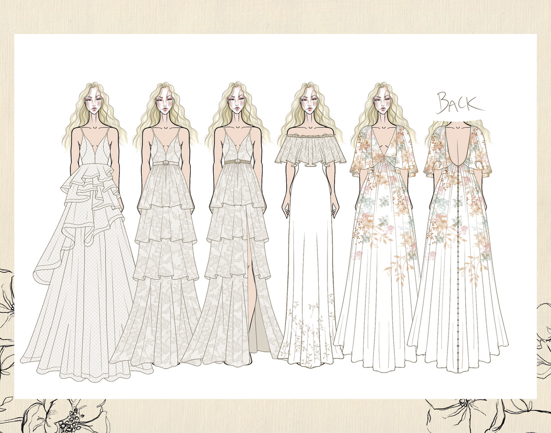 Illustrations of various dresses with a focus on design details.

