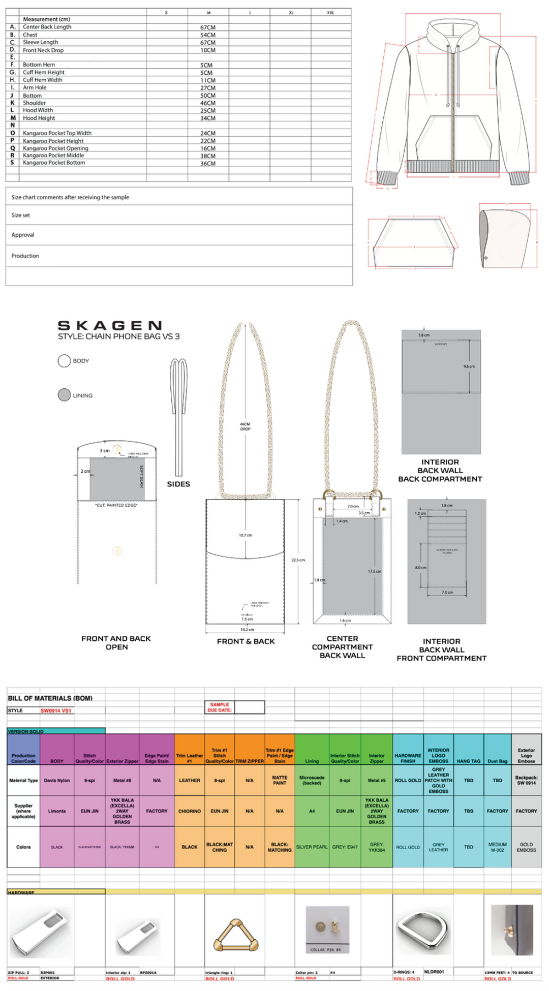 fashion and accessory tech pack and bill of materials for manufacturing